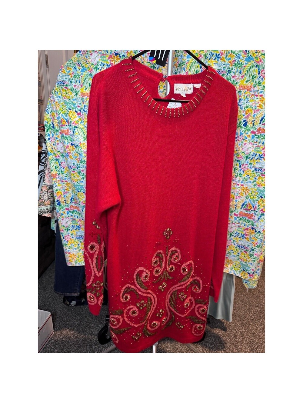 177 Belldini Red Lambswool Angora Beaded Paisley Sweater Dress L Holiday Vintage